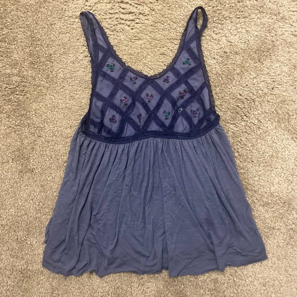 XS Free People Babydoll Empire Waisted Navy Top with Floral Embroidery Detail